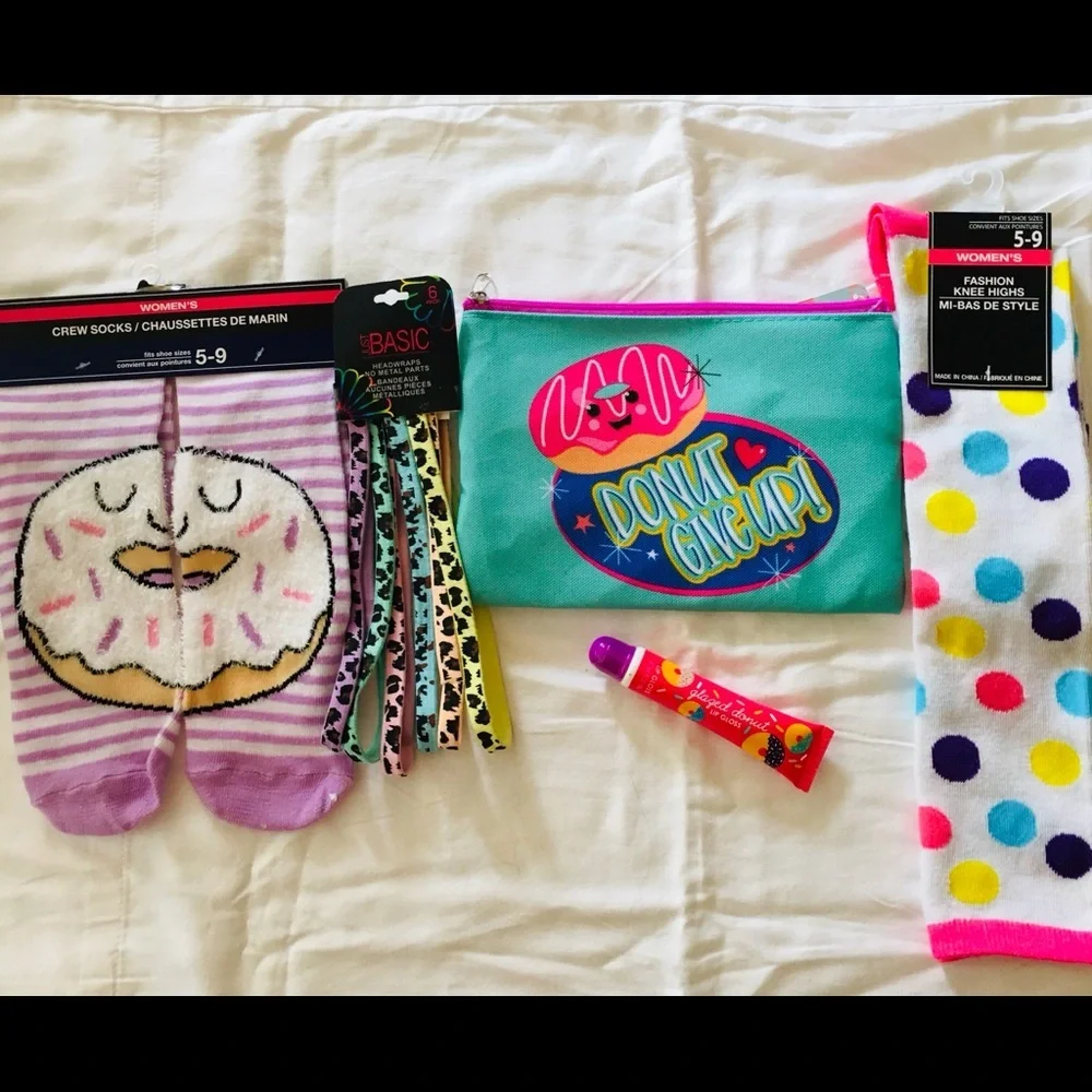 DONUT SOCKS ZIP CASE LIP GLOSS HEADBANDS !